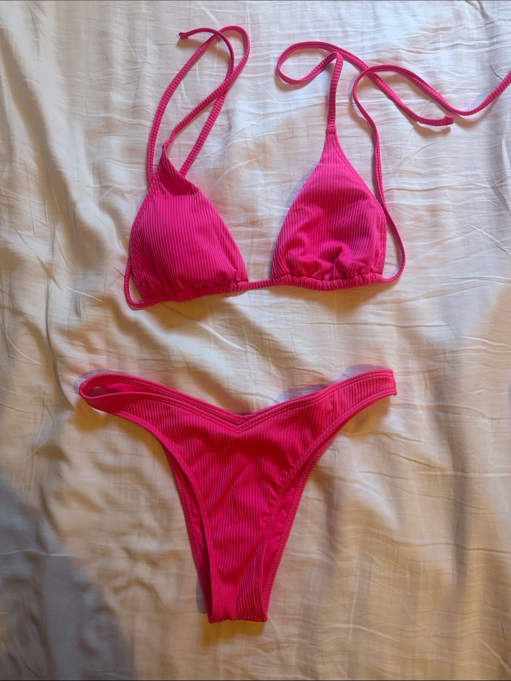 Hollister Hot Pink Ribbed Triangle Bikini Set
